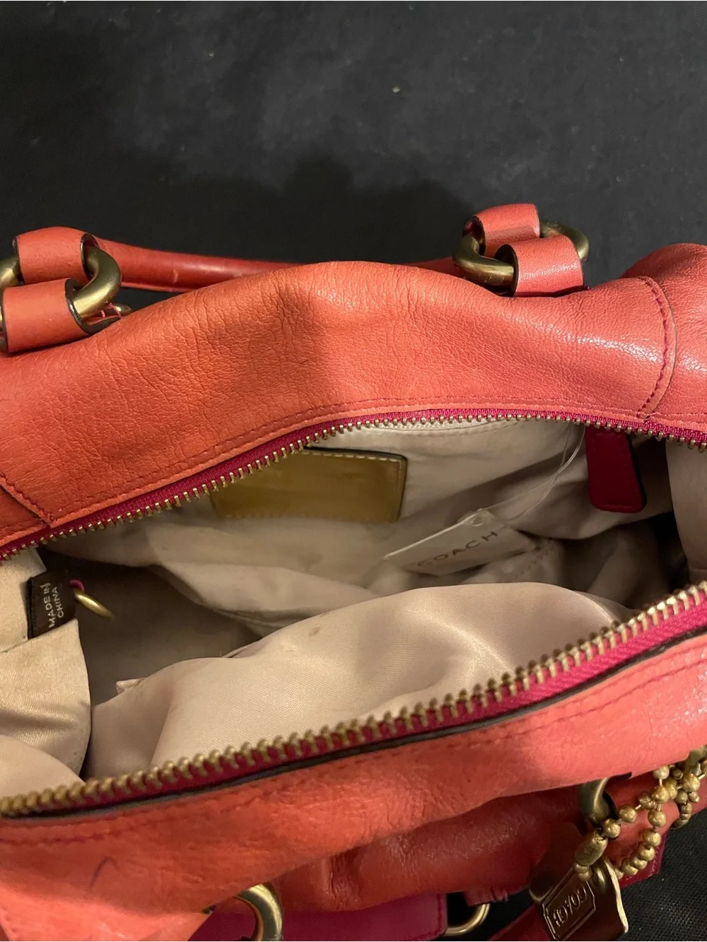 Coach Red-Orange Pebbled Leather Madison Sabrina Satchel with Gold Hardware